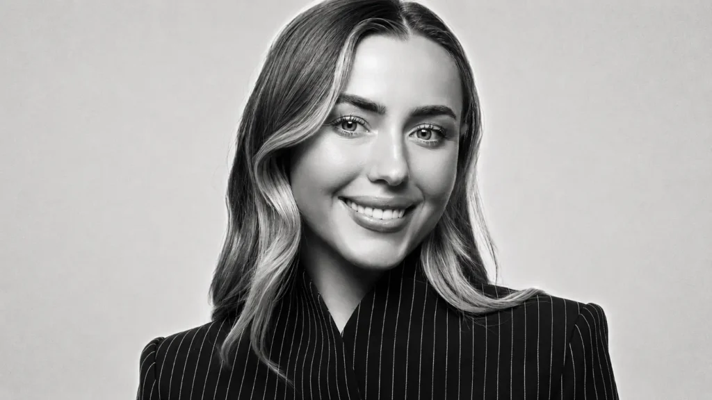 Monochrome Studio Portrait Of A Smiling Aimee Smale In A Pinstripe Blazer With Subtle Film Grain