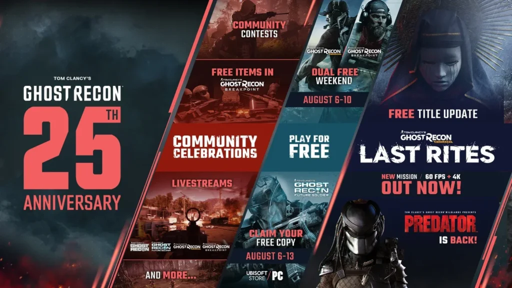 Ghost Recon 25th Anniversary graphic highlighting community celebrations, free-play events, Last Rites, and Predator content