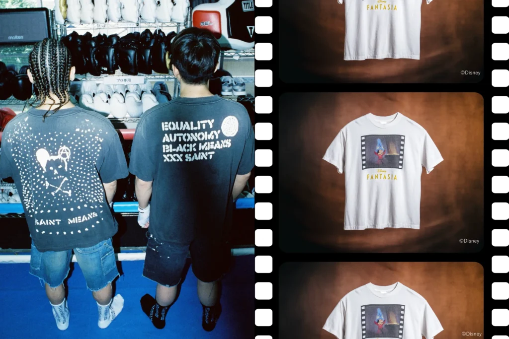 Two people wearing Saint graphic Tee stand in a boxing gym with gloves and equipment in the background, alongside a filmstrip-style display of Disney Fantasia graphic Tee photographed against a warm brown backdrop