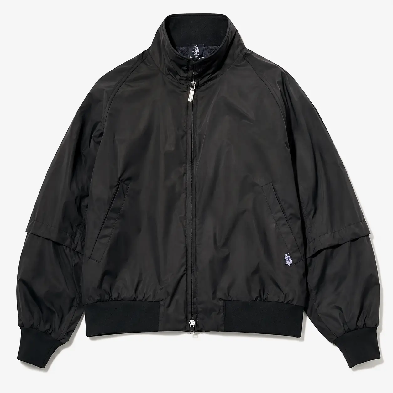 Black zip-up bomber jacket with a stand collar, ribbed cuffs and hem, and angled side pockets.