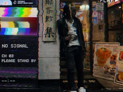 Sk8star Outside A Japanese Restaurant With VHS Static, Scan Lines, And “No Signal” Overlay