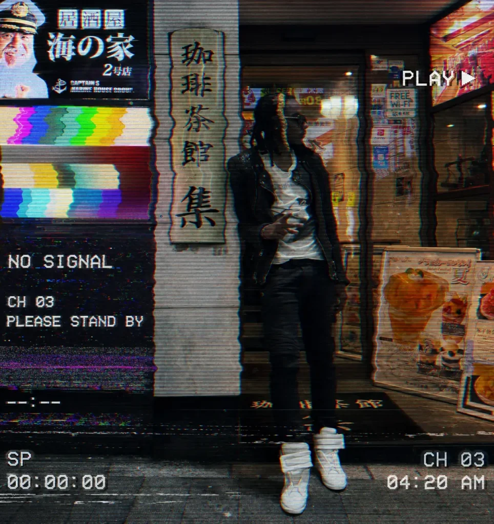 Sk8star Outside A Japanese Restaurant With VHS Static, Scan Lines, And “No Signal” Overlay