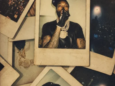 Vintage-style collage of Polaroids featuring Meek Mill, with concert scenes, jewelry close-ups, and portraits in a faded sepia finish with worn film grain