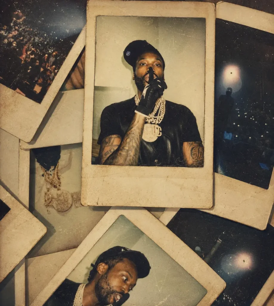 Vintage-style collage of Polaroids featuring Meek Mill, with concert scenes, jewelry close-ups, and portraits in a faded sepia finish with worn film grain