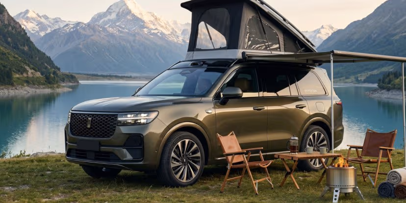Luxury SUV With A Pop-Up Rooftop Tent And Awning Set Up At A Lakeside Campsite Surrounded By Mountains