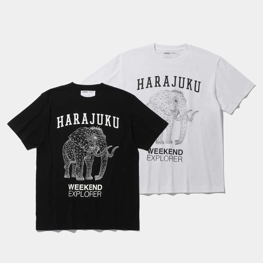 Black and white versions of a graphic T-shirt laid flat, each printed with a wireframe elephant illustration and 'HARAJUKU WEEKEND EXPLORER' text on the chest.