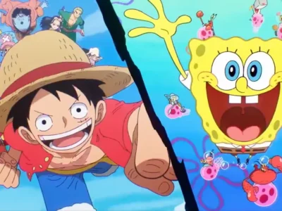 Luffy's Straw Hat crew vs. SpongeBob's underwater friends. Divided by a black line, both casts joyfully leap forward in vibrant, high-energy anime and cartoon style