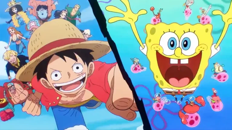 Luffy's Straw Hat crew vs. SpongeBob's underwater friends. Divided by a black line, both casts joyfully leap forward in vibrant, high-energy anime and cartoon style