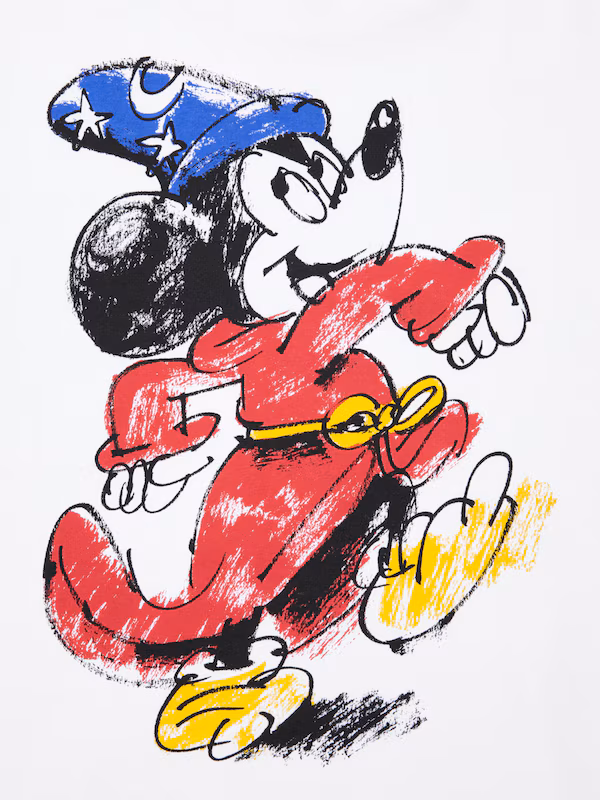 Vintage-style illustration of Sorcerer Mickey wearing a red robe and blue wizard hat, rendered with expressive sketch lines and textured crayon-like shading.