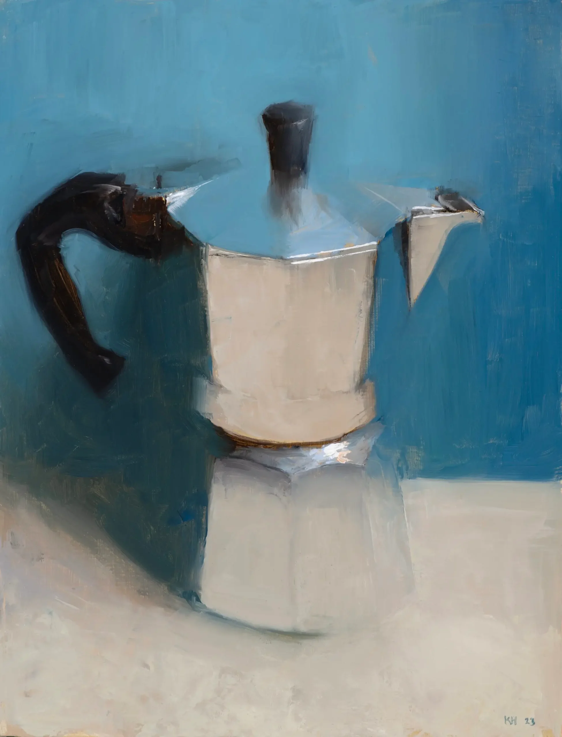 Oil painting of a silver stovetop moka pot with a black handle against a textured blue background.