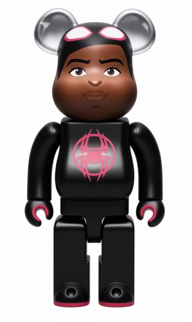 Black BE@RBRICK figure with a brown face, silver ears, pink eye accents and a pink chest emblem
