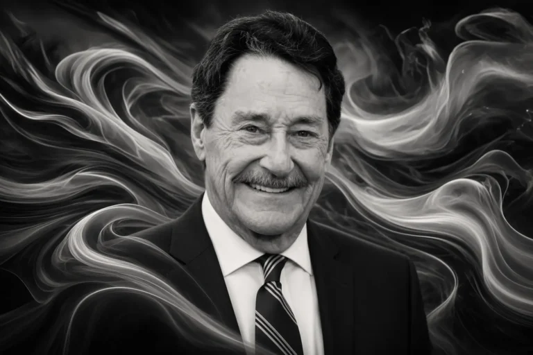 Peter Cullen in monochrome, face and mustache sharp against flowing ink and smoke currents that sweep his dark suit into graphite ribbon