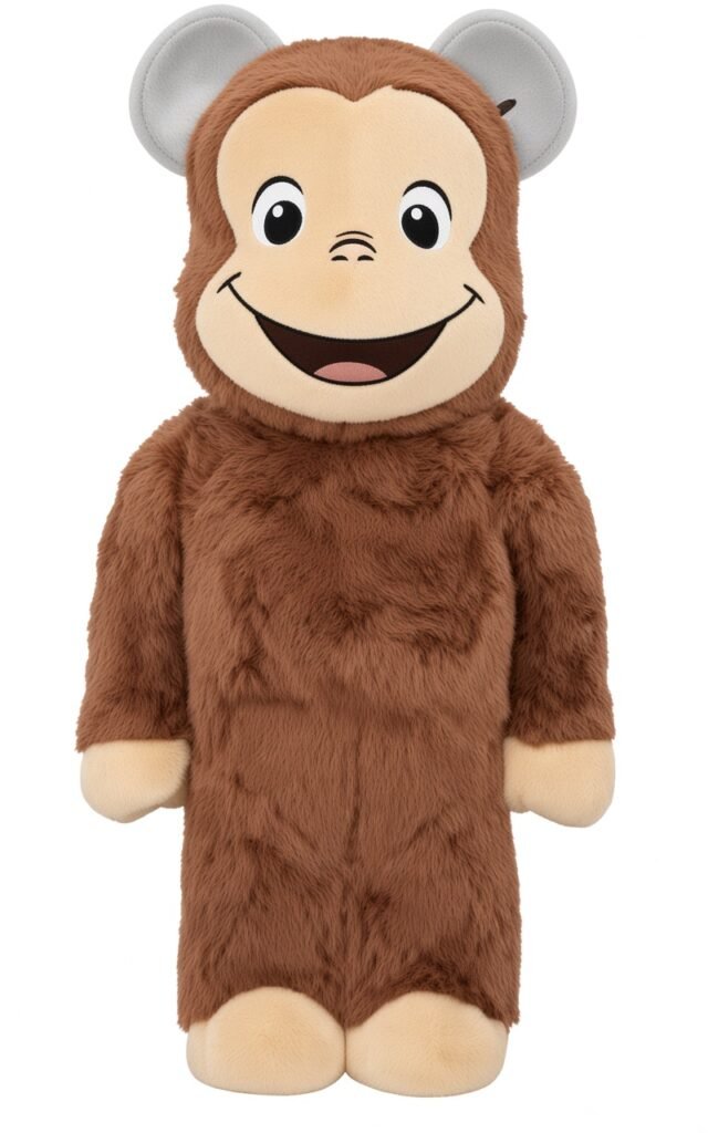 Brown plush monkey character with gray round ears, cream face and hands, and a wide smiling mouth
