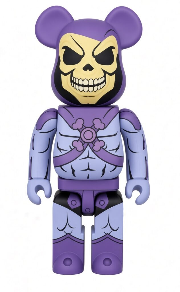 Purple and lavender BE@RBRICK-style figure with a skull face, bat ears, armor, and segmented limbs