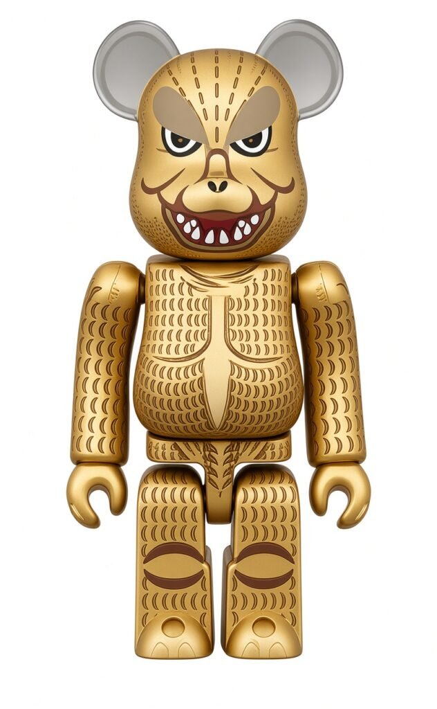 Gold BE@RBRICK figure with a snarling animal face, rounded ears, patterned body, and white background