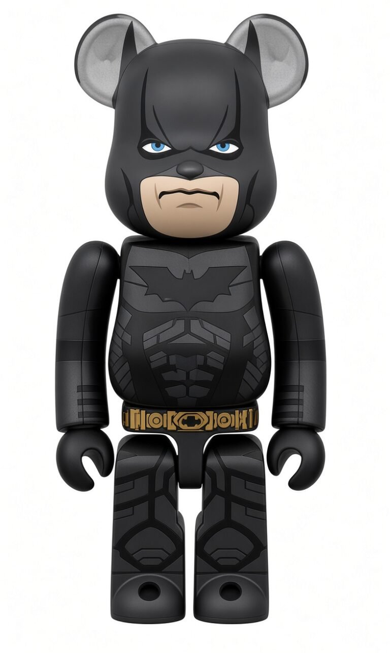 Black Batman BE@RBRICK figure with blue eyes, gray ears, bat emblem, armored suit, and gold utility belt