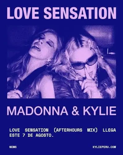 Blue-toned Love Sensation graphic featuring Madonna and Kylie Minogue posing together, with bold pink and white typography.