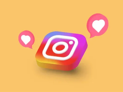 Instagram logo in a tincture 3D gradient design on a warm yellow background, flanked by two pink notification bubbles with white heart icons