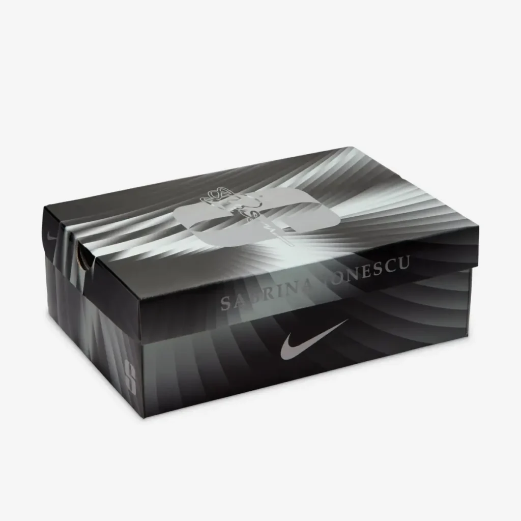 Closed black and silver Nike shoebox featuring Sabrina Ionescu brandi and a Nike Swoosh