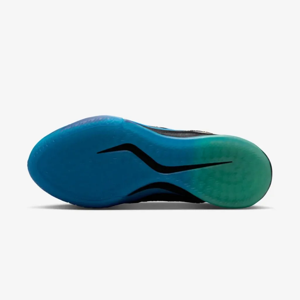 Bottom view showing the translucent blue and teal outsole with black traction detail