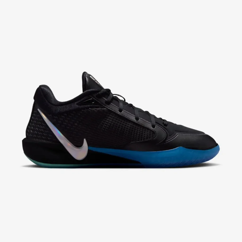 Opposite side profile highlight the black textured upper, metallic Swoosh and blue sole
