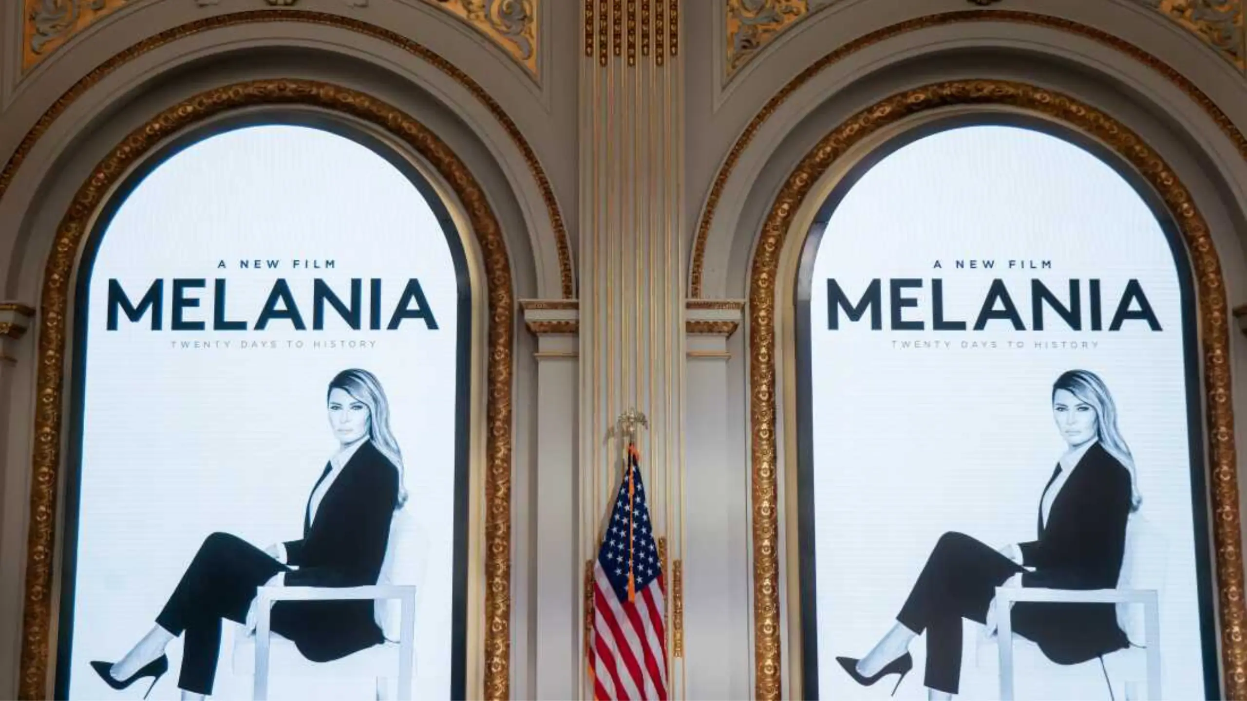 Melania Documentary Displays Framed By Ornate Gold Architectural Details With An American Flag Positioned Between Them