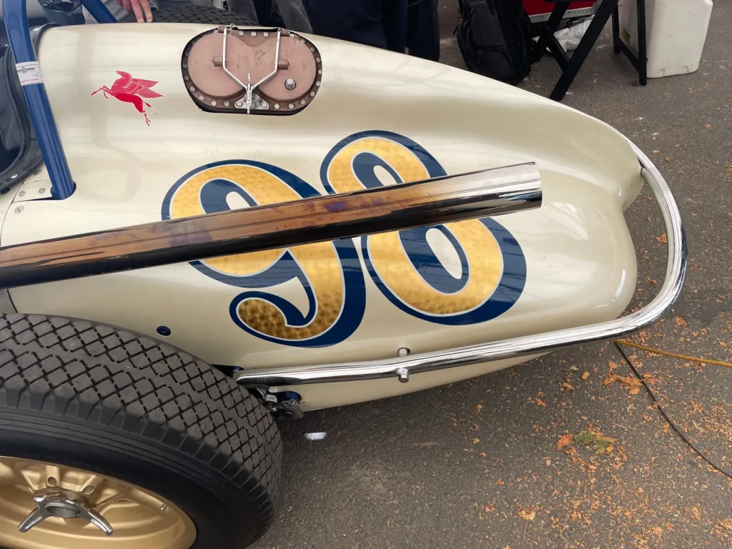 Close-Up Of Vintage Race Car Number 98 With Chrome Exhaust And Pegasus Graphic