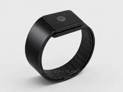 Motorola concept smartwatch wrapped around a wrist with a flexible OLED display that unfolds into a full-size smartphone screen
