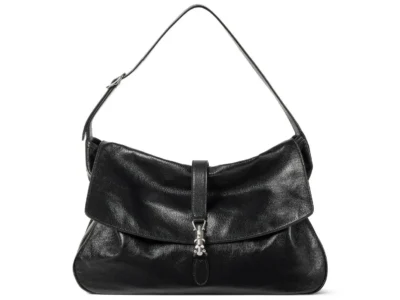 Black Leather Shoulder Bag With Fold-Over Flap And Silver-Tone Clasp