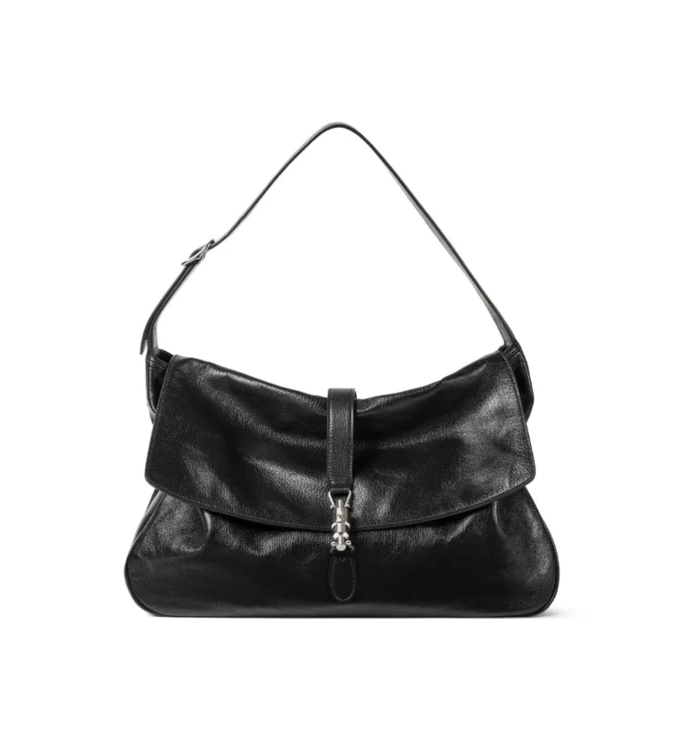 Black Leather Shoulder Bag With Fold-Over Flap And Silver-Tone Clasp