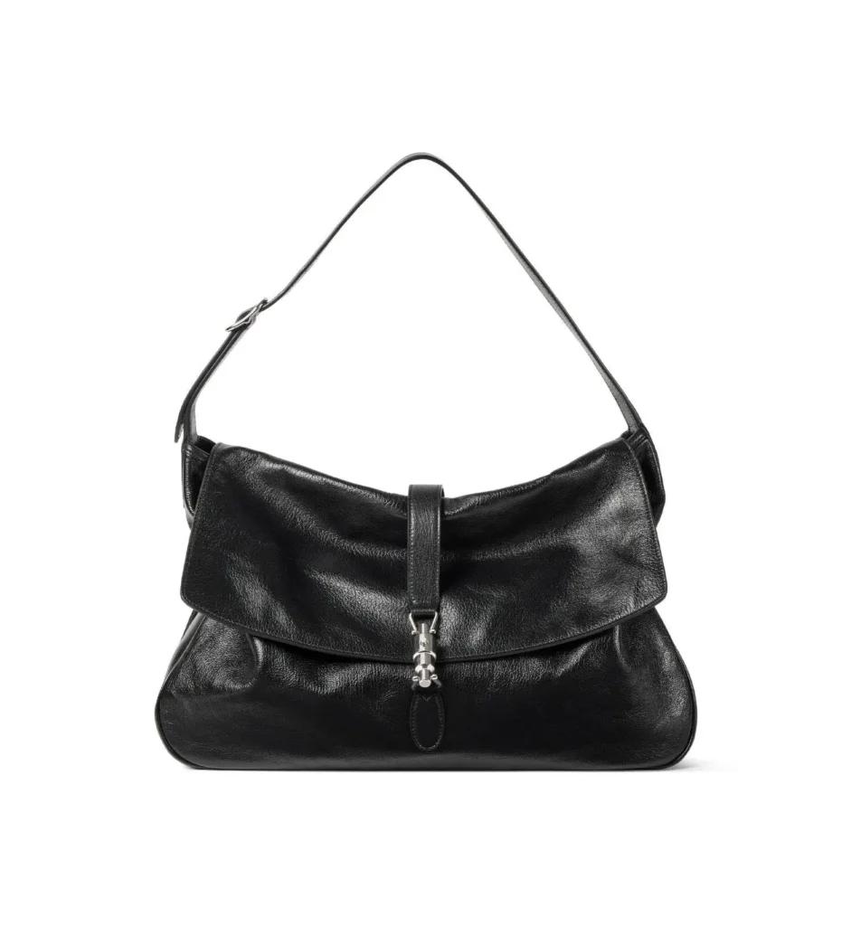 Black Leather Shoulder Bag With Fold-Over Flap And Silver-Tone Clasp