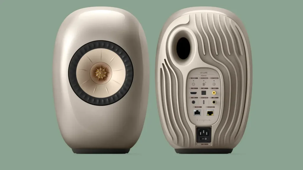 Front and rear views of the cream KEF LSX II LT speaker, showcasing the Uni-Q driver, rear bass port, connection panel, and textured wave-pattern enclosure