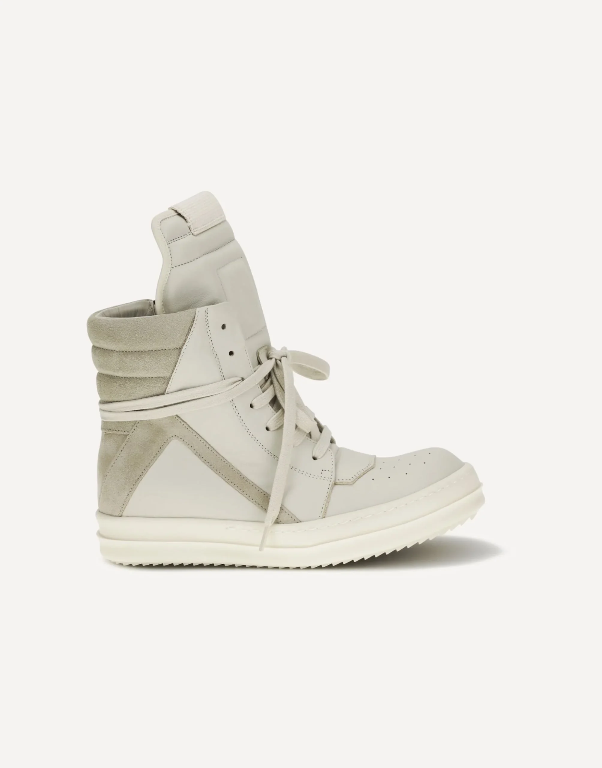 Side profile of an off-white high-top sneaker with premium leather and suede panels, an oversized padded collar, extended tongue, long wraparound laces, and a chunky cupsole against a clean white background.