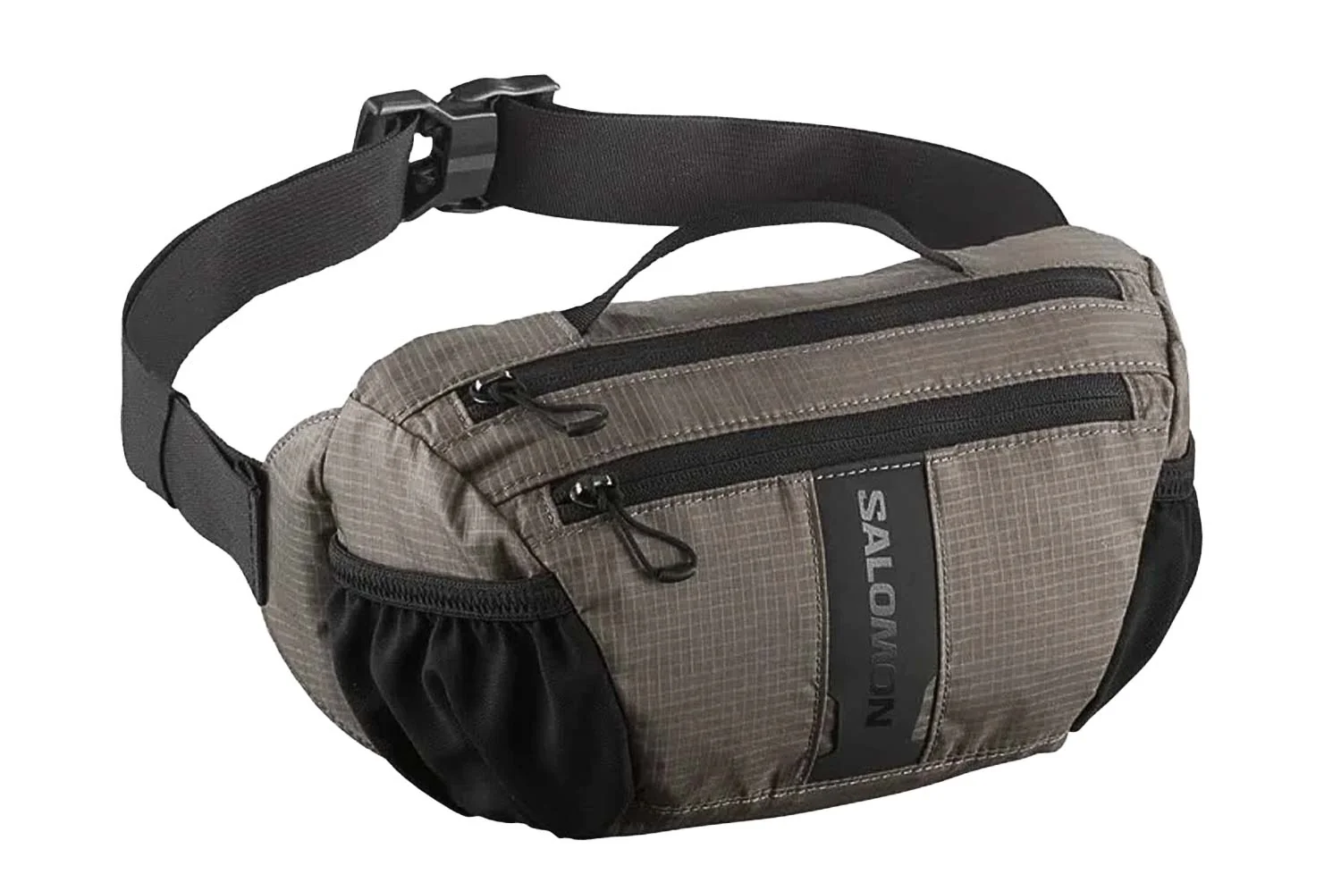Salomon ACS Waist Pack 3 in a muted taupe ripstop finish featuring dual zippered compartments, elastic side pockets, adjustable waist strap with quick-release buckle, top carry handle, and vertical tonal Salomon branding on the front.