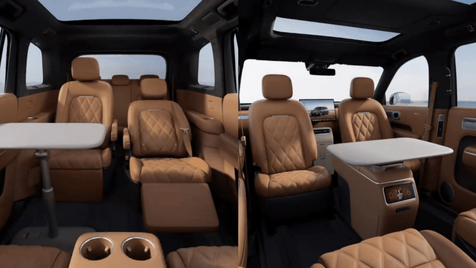 Xiaomi SkyNomad N90 Interior With Tan Quilted Leather Seats, Folding Tables, Panoramic Roof And Digital Displays
