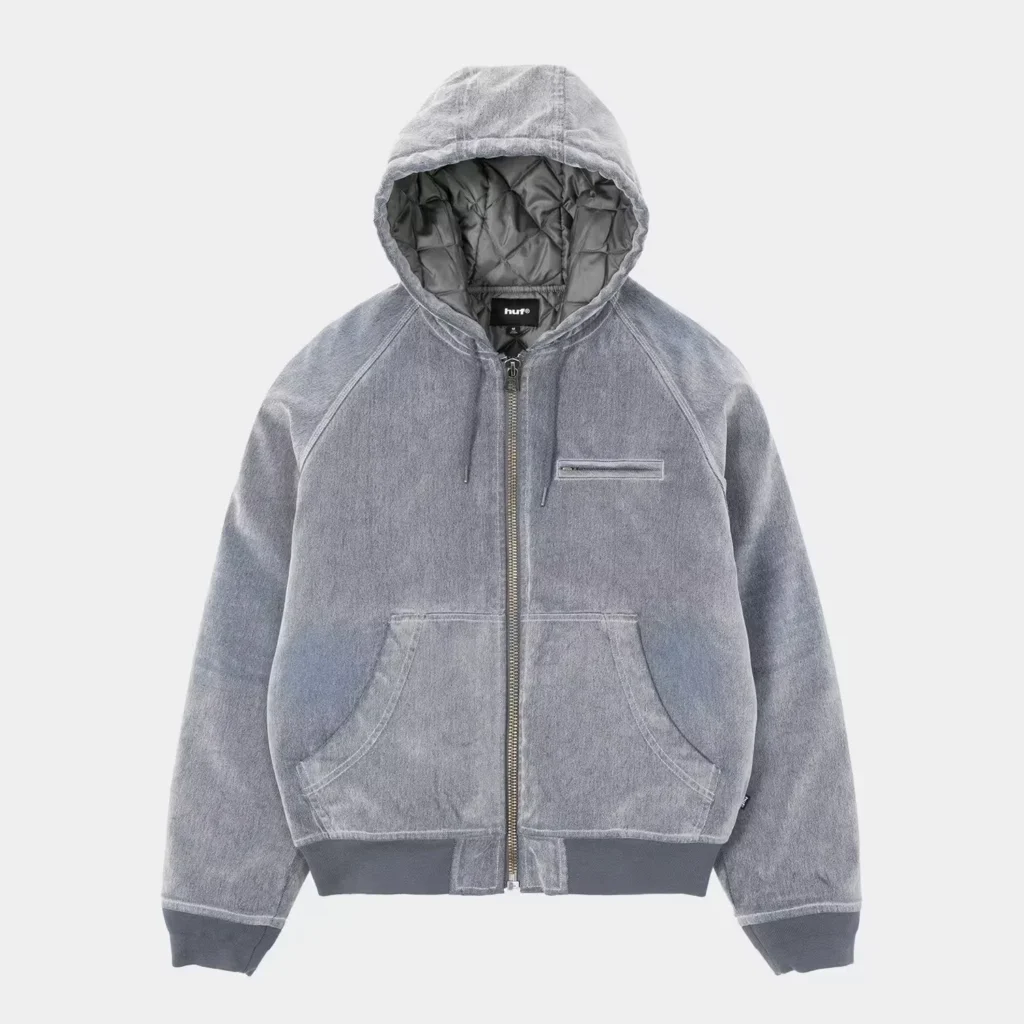 Gray hooded zip-up jacket with quilted lining, chest and kangaroo pockets, and ribbed cuffs on a white background