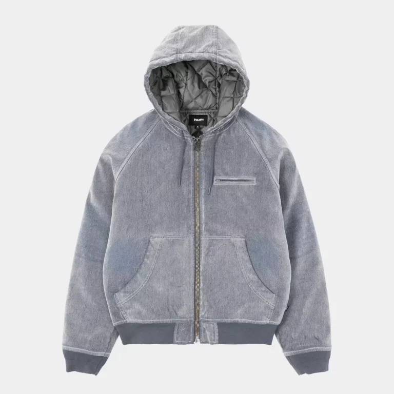Gray hooded zip-up jacket with quilted lining, chest and kangaroo pockets, and ribbed cuffs on a white background