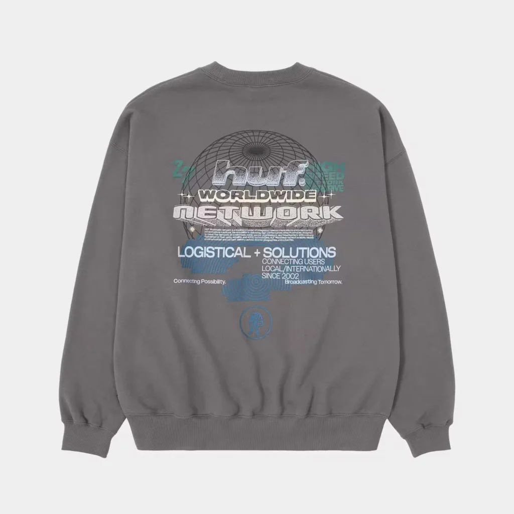 Gray HUF crewneck sweatshirt with ribbed trim and a large white, blue, and teal worldwide network graphic on the front