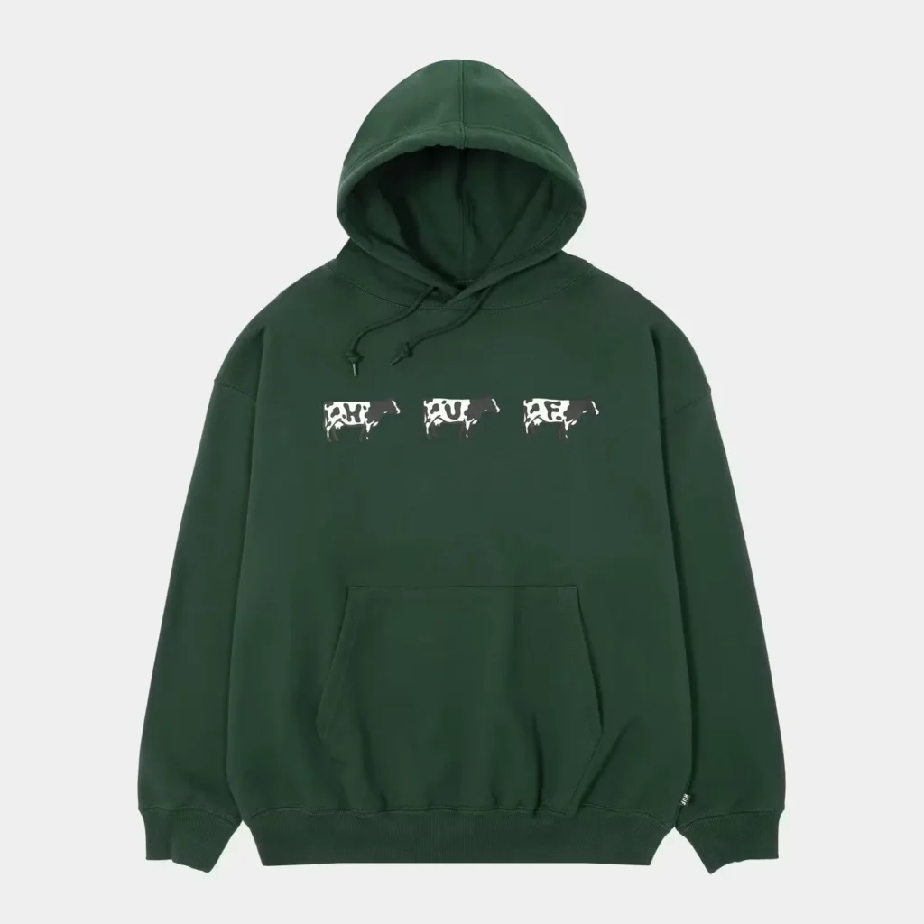 Dark green pullover hoodie with drawstrings, kangaroo pocket, and white distressed graphic across the chest on a plain