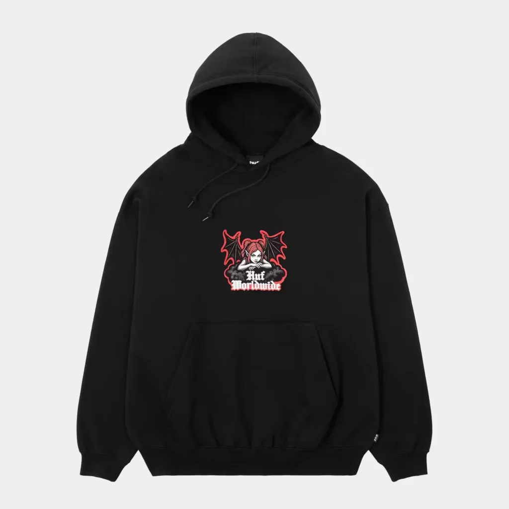 Black pullover hoodie with drawstrings, kangaroo pocket, and a red-and-white winged female graphic reading “Huf Worldwide”