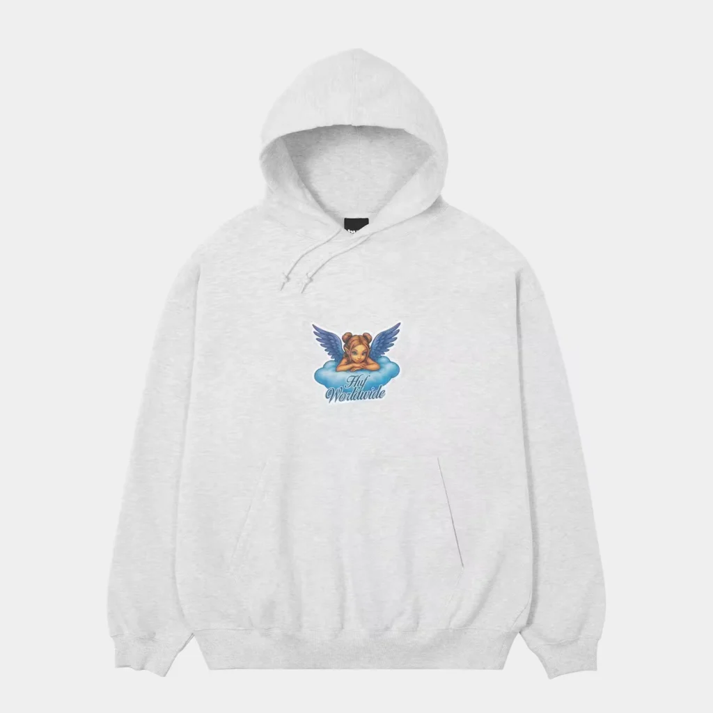 Light gray hooded sweatshirt with a colorful winged woman graphic and “Fly Worldwide” text on the chest, isolated on white