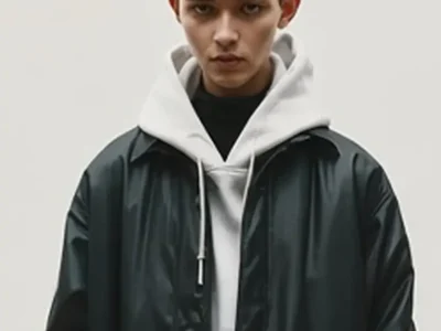 Model facing forward in a black oversized jacket over a white hooded sweatshirt against a plain light background