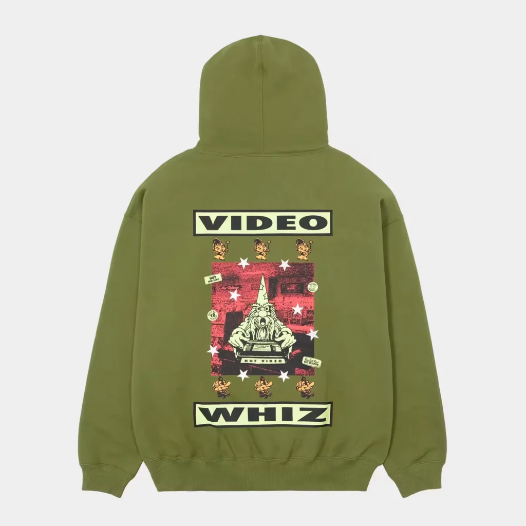 Olive green hooded sweatshirt shown from the back, with a colorful graphic and bold VIDEO and WHIZ panels