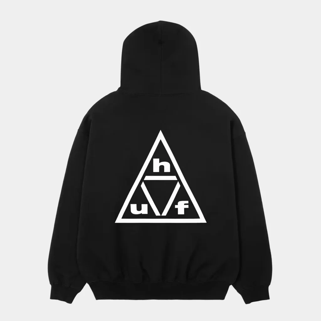 Black hooded sweatshirt with a large white HUF triangle logo on the back, shown against a light gray background