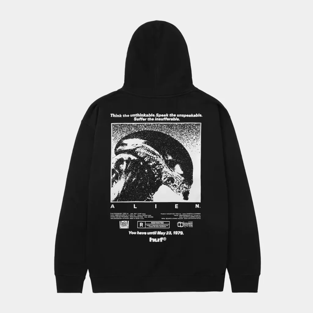 Black hooded sweatshirt with a white Alien film poster graphic on the back, shown against a light gray background