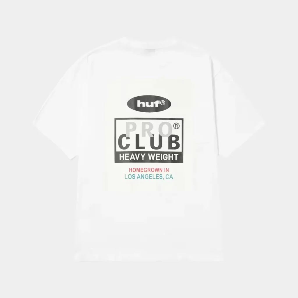 White HUF T-shirt with a centered Pro Club Heavy Weight graphic and Los Angeles text on a plain background