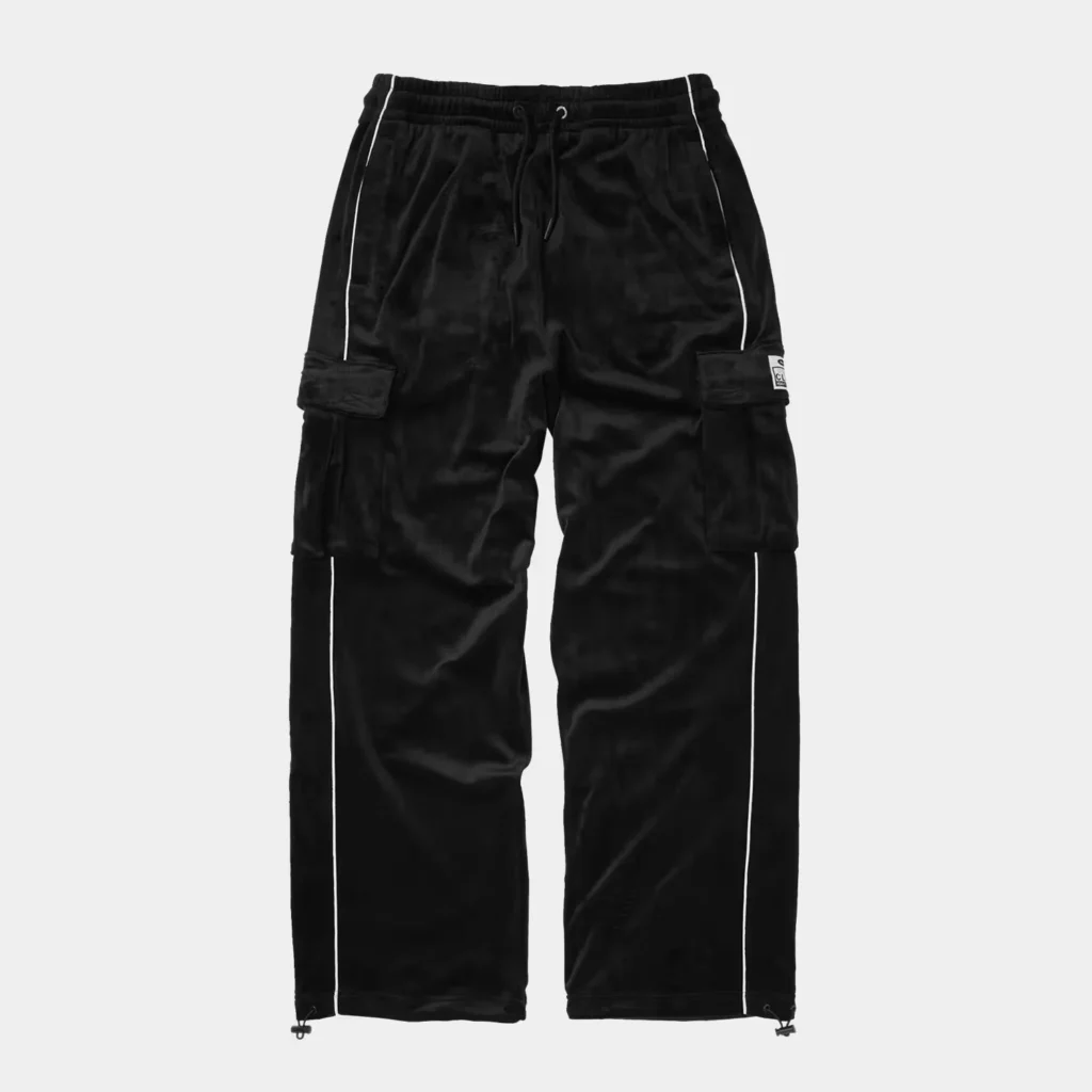 Black cargo pants with white piping, drawstring waist, multiple pockets and ankle toggles on a light background