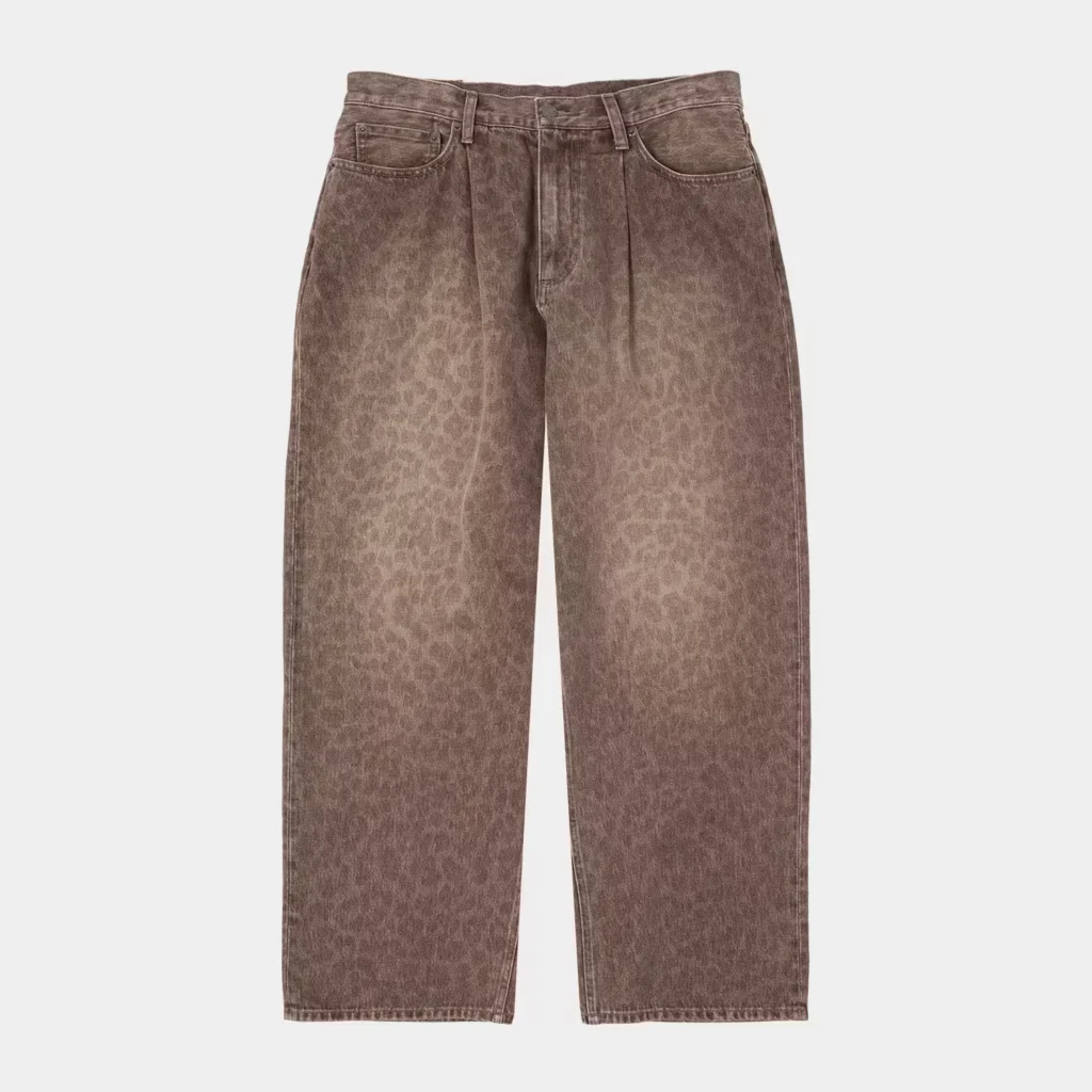 Brown wide-leg jeans with a subtle mottled pattern, five pockets and belt loops on a light gray background