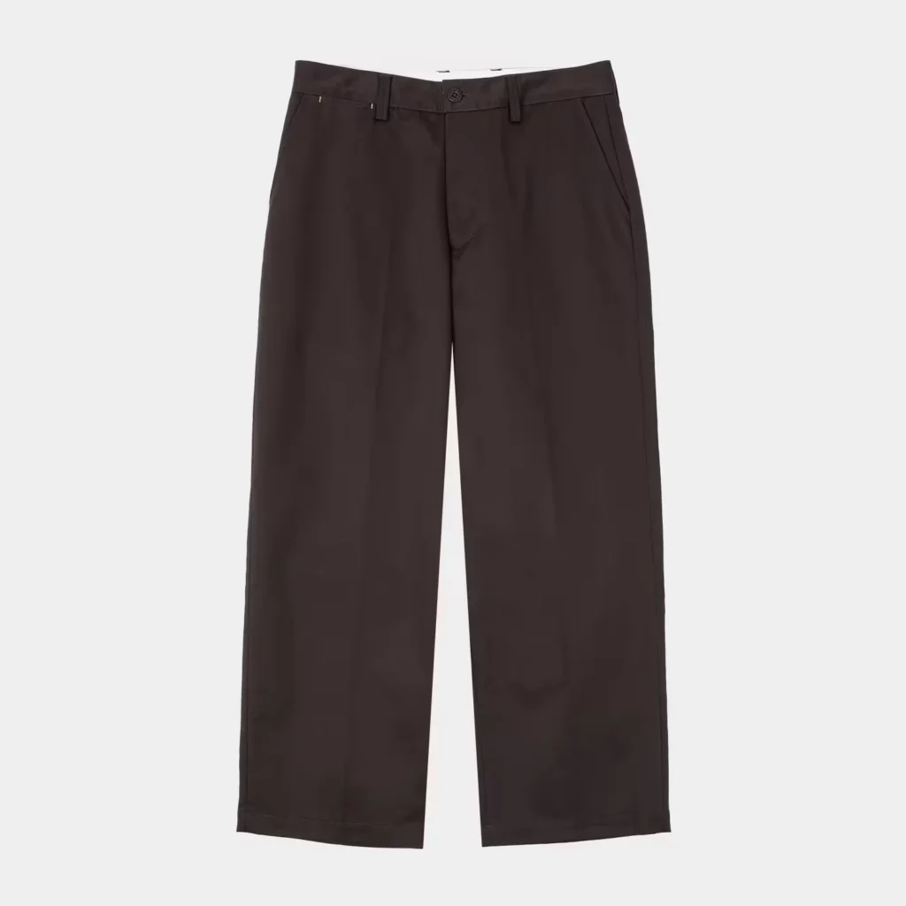 Dark brown straight-leg pants with belt loops, button closure, slanted pockets, and back welt pockets against a white