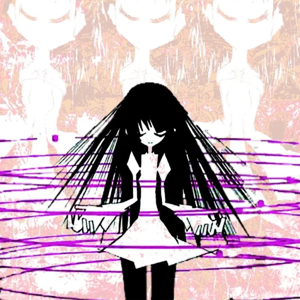 Stylized black-and-white figure with long black hair and a white dress, standing before repeated pastel figures and purple